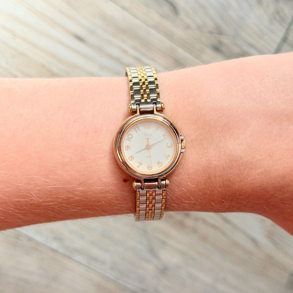 Vintage Timex Quartz Two Tone Petite Dainty Watch Gold Silver Bracelet 90s